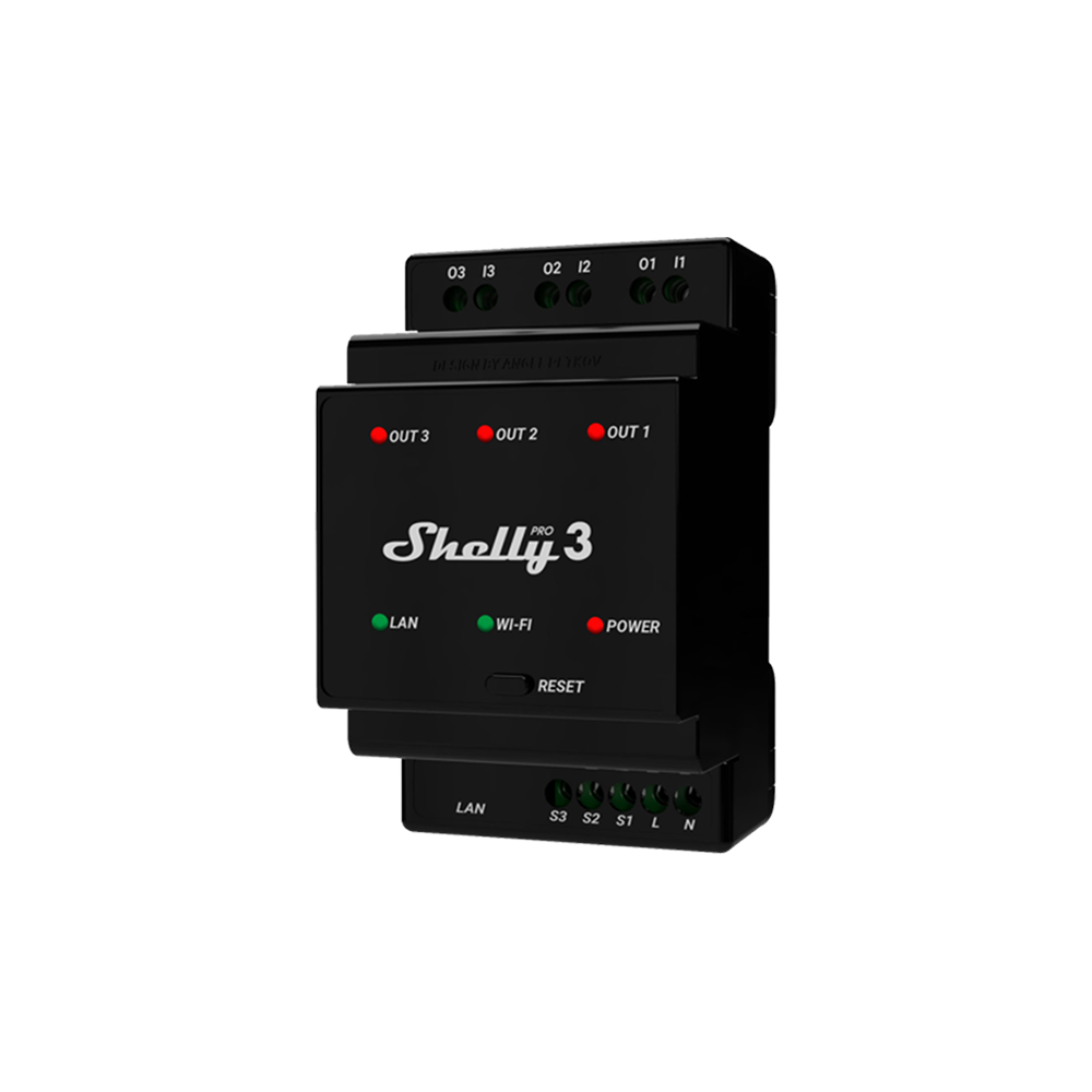 [06062] Shelly Pro 3, 3 kanālu DIN viedais relejs, 3×16 A