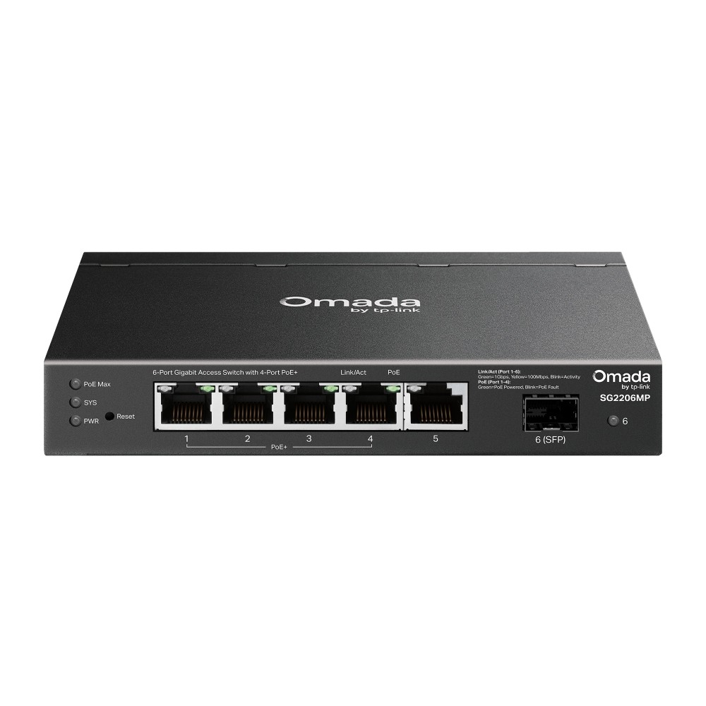Omada SG2206MP, 6 portu gigabitu Smart komutators ar 4 PoE+ portiem un SFP slotu